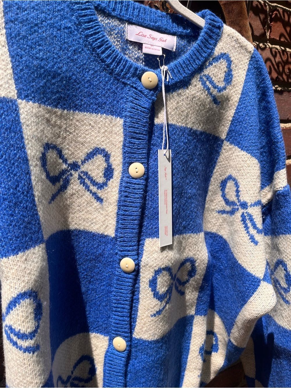 Lisa Says Gah Bow Check Lauda Cardi Sweater NWT - Picture 8 of 11